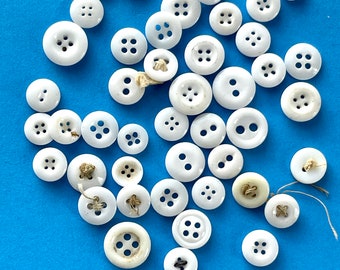 30 Mismatched Buttons in Pretty White in Sew Through and Shank Style Mid Century Replacement Buttons 1940s Vintage White Glass Buttons