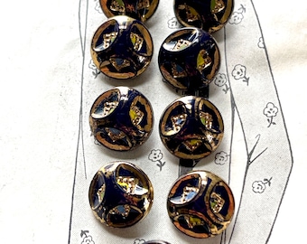 Vintage Black Glass Gold  Luster Diminutive Buttons