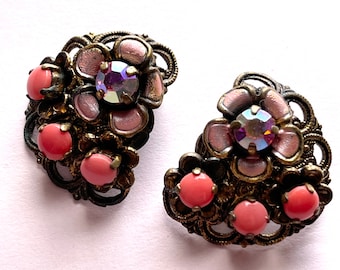 Vintage Clip on Enamel Rhinestone Flower Earrings