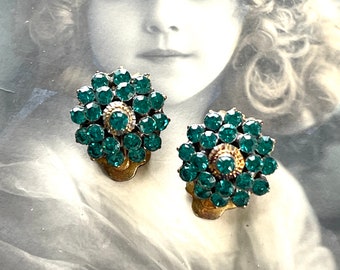 Vintage Blue Rhinestone Clip on Earrings