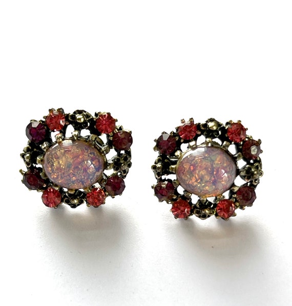 Vintage Coro Rhinestone  Pink Opal Flower Earrings