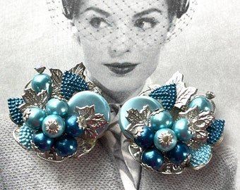 Blue Cluster Clip on Earrings Vintage