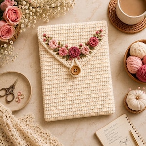May include: A cream-colored crocheted book sleeve featuring a triangular flap adorned with embroidered pink and dark rose flowers with green leaves. The sleeve is secured with a single round wooden button centered on the front flap closure.