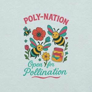 May include: Light blue graphic featuring the text "POLY-NATION" above cartoon bees, flowers, and a jar of honey with a rainbow heart. The phrase "Open for Pollination" is below the illustration. The bees have yellow and black stripes with teal and pink wings.