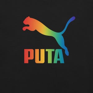 May include: Black background with a rainbow-colored leaping cat logo and the word "PUTA" in rainbow colors below. The logo is a parody of a well-known athletic brand.