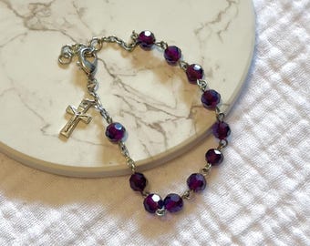 Rosary Bracelet - 6mm purple crystal, silver toned