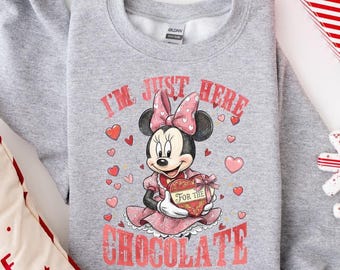 Sudadera "Solo estoy aquí por el chocolate" de Minnie, suéter de Minnie para San Valentín, regalo de Disney para novias.