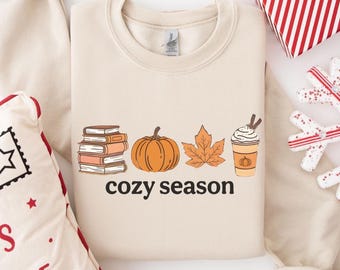 Sudadera acogedora para amantes de los libros, sudadera con capucha de calabaza y hojas de otoño, suéter acogedor para amantes de los libros, sudadera con café con leche de otoño, sudadera acogedora de otoño
