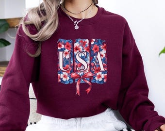 Floral USA Coquette Sweatshirt, Coquette Bow 4th of July Sweater, Patriotic Floral Hoodie, Girly Fourth of July, Independence Day Sweatshirt