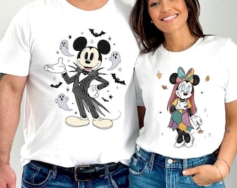 Camiseta de Halloween de Mickey, Jack y Minnie, Sally, Disney, temporada espeluznante, Jack y Sally, pareja de Halloween, viaje de Jack Skellington y Sally.
