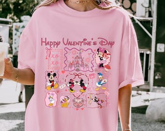 Comfort Colors® Disney Happy Valentines Day Shirt, Disneyland Xoxo T-Shirt, Coquette Bow Mickey & Friends