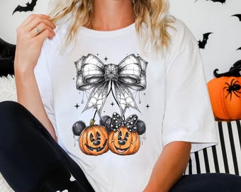 Kürbis Mickey und Minnie Shirt, Halloween Coquette Bow Shirt, Disneyland Halloween Shirt, Disney Kürbis Tee, Mickey Minnie Ohren Kürbis T-Shirt
