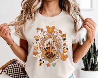 Coquette Bow Disney Fall Castle Shirt, Comfort Color Disney Halloween Tee, Disney Fall Vibes, Fall Coquette Disney,Mickey Minnie Pumpkin Tee