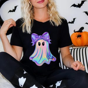 Iriserend spookshirt, Halloween-coquette-shirt, schattig girly spookshirt, Coquette esthetische Halloween-T-shirt, spookachtig seizoen herfst Ghost-shirt