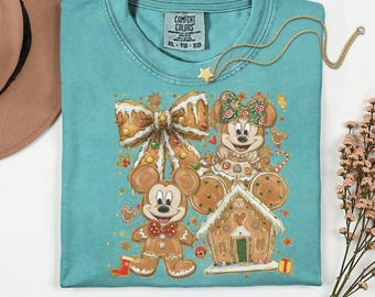 Comfort Colors® Disney Mickey and Minnie Gingerbread Castle Shirt, Gingerbread Coquette Bow Shirt, Christmas Party Shirt, Christmas Family