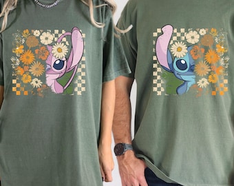 Comfort Colors® Retro Stitch and Angel Fall Couple Shirts, Floral Stitch and Angel Shirt, Cute Disneyland Couples Tee, Magic Kingdom Shirt