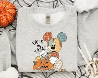 かわいいミッキーのトリック・オア・トリート・スウェットシャツ、ミッキーマウスのハロウィンセーター、ディズニーのハロウィンパーカー、ハロウィンパーティー2025、ディズニーのパンプキンセーター