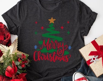 Camiseta navideña con árbol de Navidad, camiseta festiva para mujer