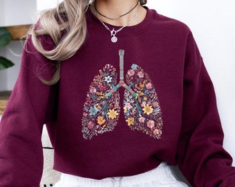 Sudadera con estampado de pulmones florales, sudadera con estampado anatómico de pulmones, suéter para terapeutas, regalo para el sistema respiratorio, sudadera para estudiantes de medicina, sudadera con capucha con estampado de pulmones florales