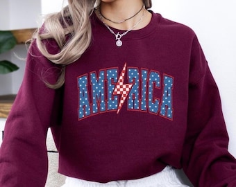 America Sweatshirt, USA Flag Lightning Bow Sweatshirt, Patriotic Hoodie, Red White Blue Sweatshirt, 4th of July Gift, Independence Day Gift
