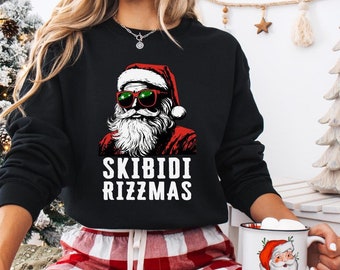 Sudadera navideña Skibidi Rizzmas Santa, suéter divertido de Santa, sudadera navideña divertida para niños, suéter divertido con meme de TikTok, Gen Alpha Xmas