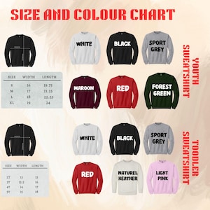 Pu&ograve; includere: Una tabella delle taglie e dei colori per felpe per ragazzi e bambini piccoli. La tabella mostra vari colori di felpe, tra cui bianco, nero, grigio sportivo, bordeaux, rosso, verde foresta, naturale heather e rosa chiaro. Le misure sono in cm.