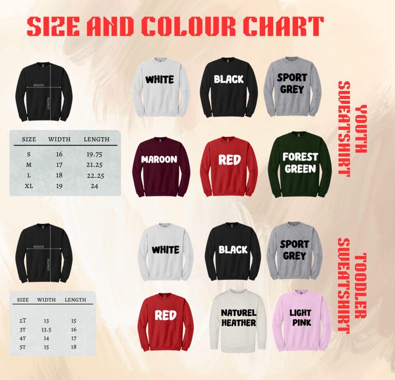 Pu&ograve; includere: Una tabella delle taglie e dei colori per felpe per ragazzi e bambini piccoli. La tabella mostra vari colori di felpe, tra cui bianco, nero, grigio sportivo, bordeaux, rosso, verde foresta, naturale heather e rosa chiaro. Le misure sono in cm.