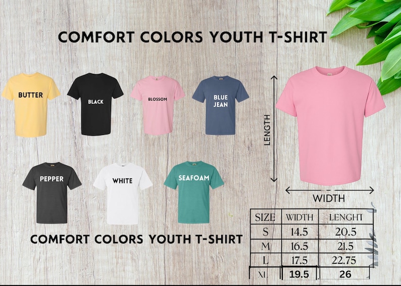 Puede incluir: Exhibici&oacute;n de camisetas Comfort Colors para j&oacute;venes en varios colores, incluyendo mantequilla, negro, flor, azul vaquero, pimienta, blanco y espuma de mar. Se muestra una camiseta rosa con indicadores de largo y ancho. Tabla de tallas incluida.