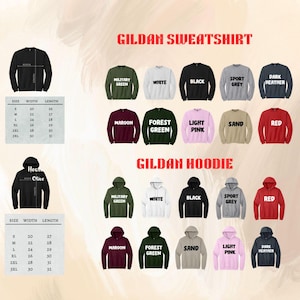 Pu&ograve; includere: Immagine di felpe e felpe con cappuccio Gildan in vari colori, tra cui nero, bianco e rosso. Sono incluse tabelle delle taglie, con misure in centimetri.