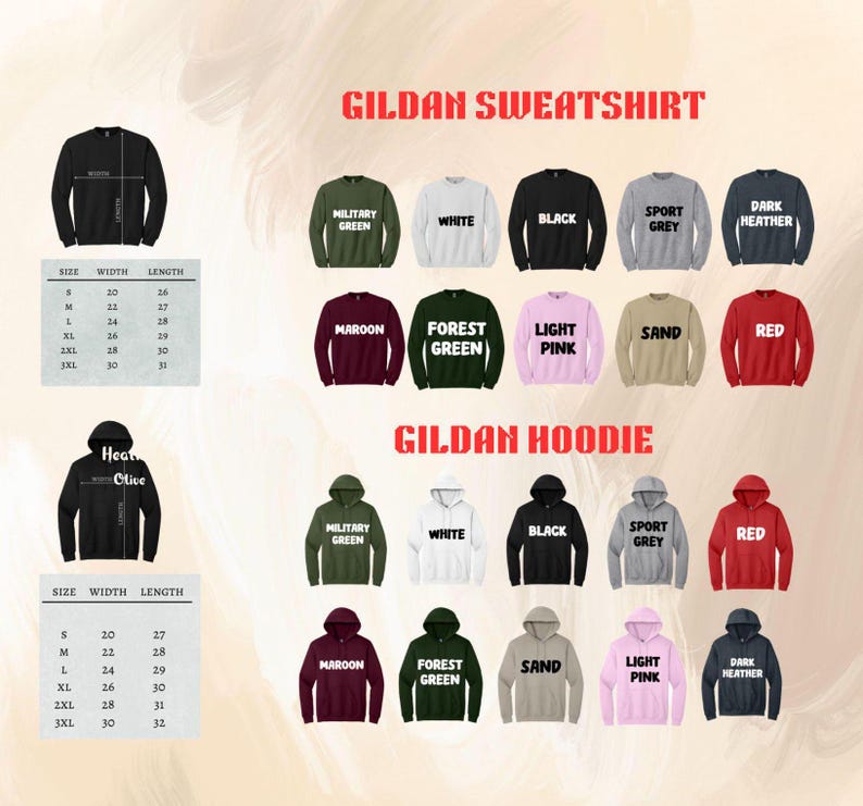 Pu&ograve; includere: Immagine di felpe e felpe con cappuccio Gildan in vari colori, tra cui nero, bianco e rosso. Sono incluse tabelle delle taglie, con misure in centimetri.