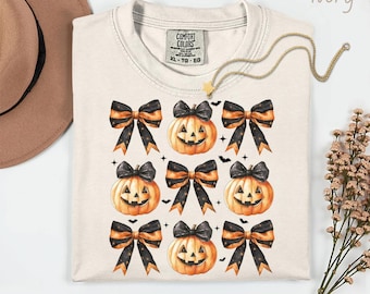 Retro Comfort Colors Halloween Coquette Bow Shirt, Cute Pumpkin Shirt, Pumpkin Season Shirt, Orange Pumpkin Coquette Tee, Funny Pumpkin Tee