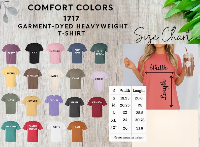 Puede incluir: Imagen de camisetas Comfort Colors 1717 te&ntilde;idas con hilo de alta gramatura en varios colores, incluyendo bayas, negro, flor, vaquero azul y abeto azul. Una tabla de tallas muestra las medidas en pulgadas de ancho y largo.