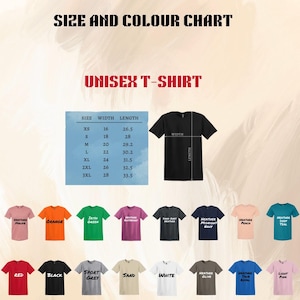 May include: Unisex t-shirt size chart with measurements in inches. The chart shows the width and length of the shirt in different sizes, from XS to 3XL. The chart also shows a variety of colors available for the t-shirt, including heather mauve, orange, Irish green, heather burgundy, dark heather grey, heather midnight navy, heather peach, heather teal, red, black, sport grey, sand, white, heather olive, heather teal, and light pink.