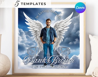 Plantilla de fondo conmemorativo personalizable con foto conmemorativa. En memoria de Dios, descansa en paz. Puerta del Cielo. Plantilla editable de Canva. Descarga instantánea.