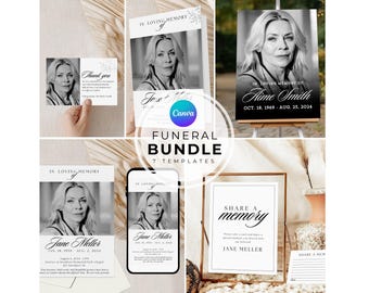 Paquete funerario minimalista: programa, invitación y firma (plantilla de Canva)