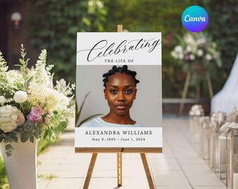 Editable Funeral Welcome Sign Celebration of Life Funeral Poster decorative Funeral Sign With Photo canva template Memorial Sign