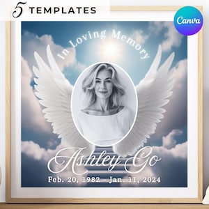 May include: A memorial template with a photo of a woman in a white shirt, surrounded by white angel wings. The text reads "In Loving Memory Ashley Go Feb. 20, 1982 - Jan. 11, 2024".