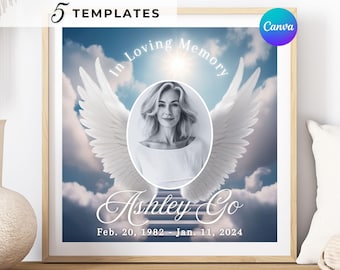 Plantilla de foto conmemorativa editable Escalera al cielo Imagen conmemorativa Fondo de alas de ángel En memoria amorosa Plantillas de diseño conmemorativo de Canva