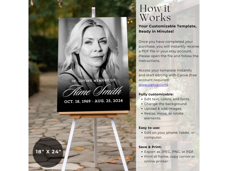 May include: A black and white memorial sign on an easel, featuring a portrait of a woman and the text "In Loving Memory of Aime Smith, Oct. 18, 1969 - Aug. 25, 2024." The sign is 18" x 24".
