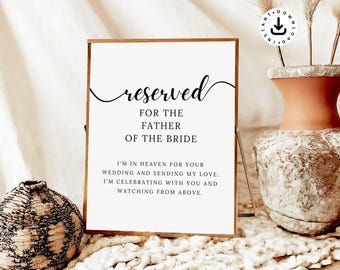 Cartello commemorativo per matrimonio, posto riservato al padre della sposa (download digitale)