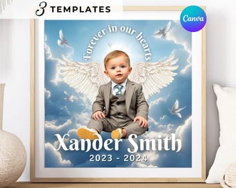 Foto conmemorativa personalizable, recuerdo de cielo azul, foto conmemorativa de bebé, fondo de alas de ángel, en memoria amorosa, plantilla editable de Canva