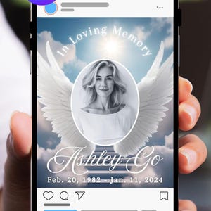 Puede incluir: Una plantilla de publicaci&oacute;n en redes sociales para recordar a un ser querido. La plantilla presenta una foto de una mujer con alas de &aacute;ngel y un fondo de cielo nublado. El texto dice "In Loving Memory Ashley Go Feb. 20, 1982 - Jan. 11, 2024".
