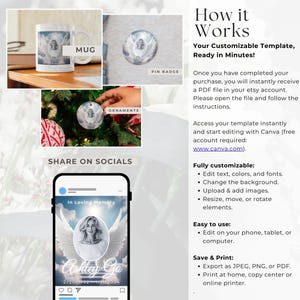 Puede incluir: Una plantilla digital para crear productos conmemorativos, como tazas, adornos y publicaciones en redes sociales. La plantilla presenta una foto de una persona con alas de &aacute;ngel y el texto "En memoria cari&ntilde;osa" y "Ashley Go". La plantilla es personalizable con Canva.