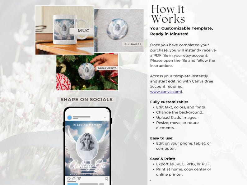 Puede incluir: Una plantilla digital para crear productos conmemorativos, como tazas, adornos y publicaciones en redes sociales. La plantilla presenta una foto de una persona con alas de &aacute;ngel y el texto "En memoria cari&ntilde;osa" y "Ashley Go". La plantilla es personalizable con Canva.