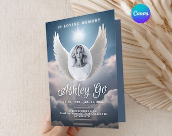 Plantilla de programa funerario Sky Programa de obituario Programa conmemorativo Celebración de la vida Servicio funerario plegable En memoria amorosa del Programa