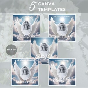 Puede incluir: Cinco plantillas de Canva para tarjetas conmemorativas con un fondo de cielo azul, alas de &aacute;ngel blancas y un espacio reservado para una foto. El texto "In Loving Memory" est&aacute; en la parte superior de cada plantilla, y el nombre "Ashley Go" est&aacute; en la parte inferior. Las plantillas miden 35,56 cm por 35,56 cm.