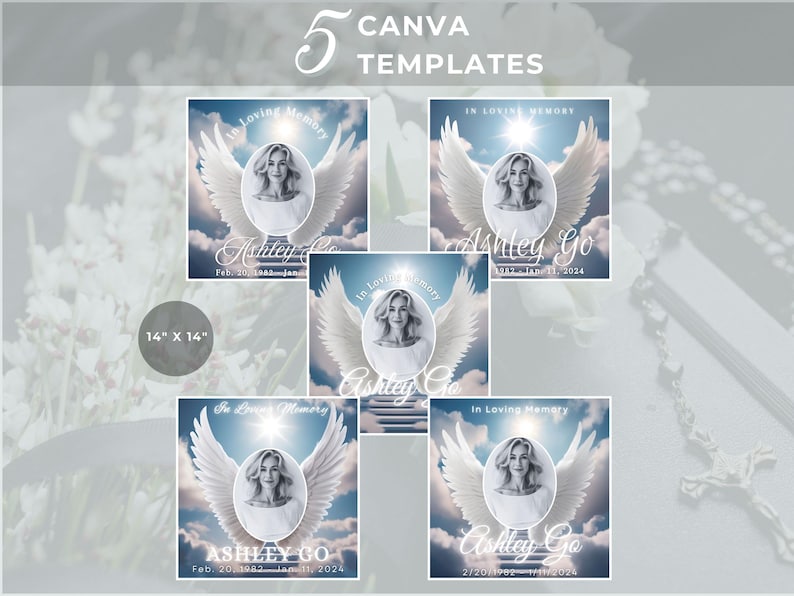 Puede incluir: Cinco plantillas de Canva para tarjetas conmemorativas con un fondo de cielo azul, alas de &aacute;ngel blancas y un espacio reservado para una foto. El texto "In Loving Memory" est&aacute; en la parte superior de cada plantilla, y el nombre "Ashley Go" est&aacute; en la parte inferior. Las plantillas miden 35,56 cm por 35,56 cm.