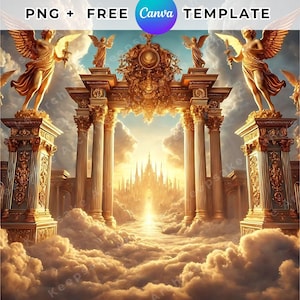 Gold Memorial Background png Heaven gate Angel Background In Loving Memory png Backdrop Rest in Peace Custom Canva template Instant Download