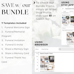 May include: Image promoting a bundle of 7 funeral templates, including welcome signs, invitations, and memorial programs. Instructions are provided to find the bundle on Etsy using the search term "B1". The text "SAVE w/ our BUNDLE" is prominently displayed.