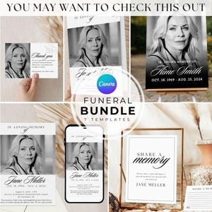May include: A collection of funeral templates, including memorial cards, a smartphone graphic, and a sign that says "Share a Memory." The templates feature a black and white photo of a woman and text.
